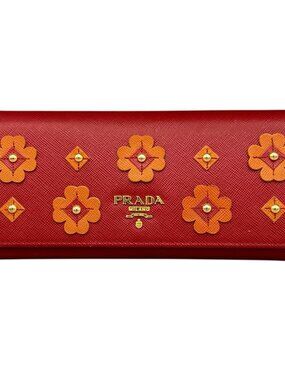 Prada Red Saffiano Floral Applique Studded Continental Wallet
